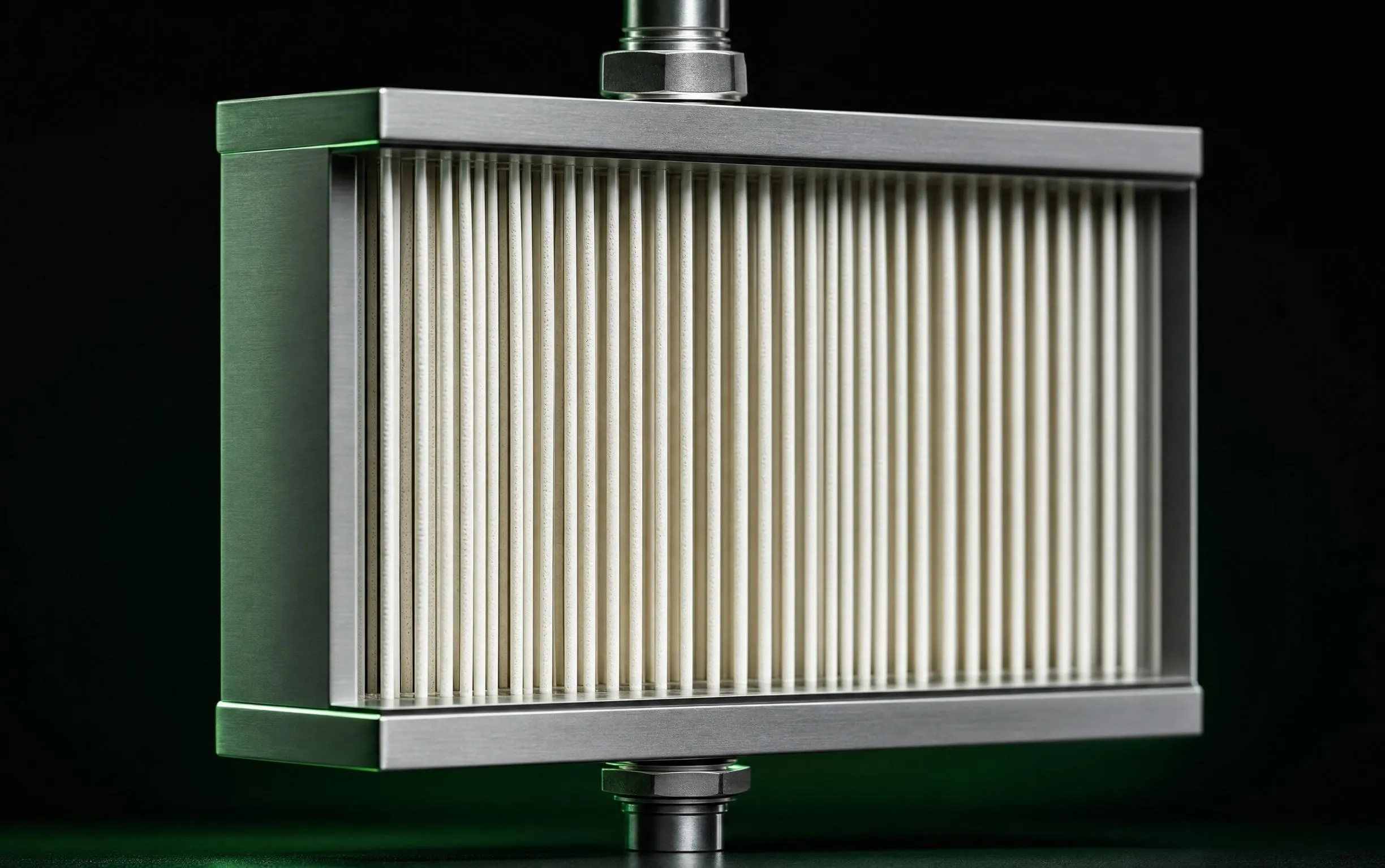 Macro render of hundreds of parallel hollow fibers packed in a brushed-metal frame