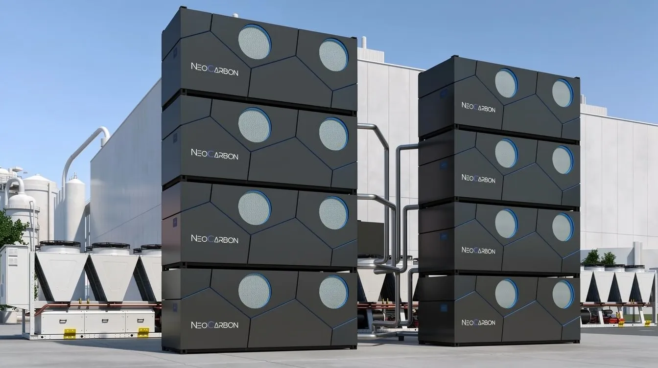 Rendering von NeoCarbon-Einheiten neben konventionellen Kältemaschinen an einem Industriestandort