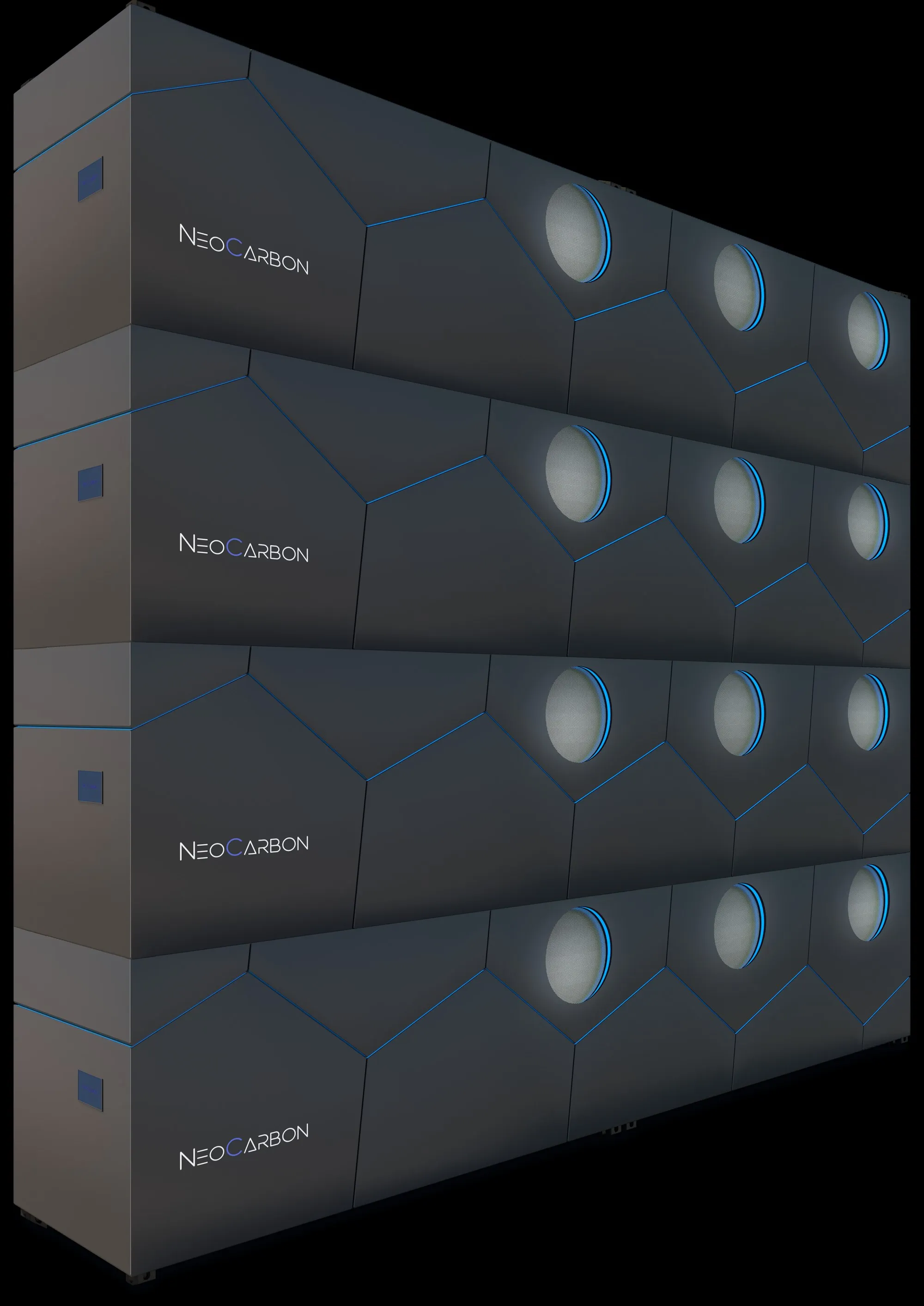 Render of four stacked NeoCarbon cooling and capture modules at a data center